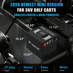 36V(38.4V) 105Ah Mini Lithium Golf Cart Battery,Golf Cart Batteries with 25A Lithium Charger,Built-in 200A BMS,Metal Casing,Supports Mobile APP,Touch Monitor,6000+ Cycles,Peak Current 600A