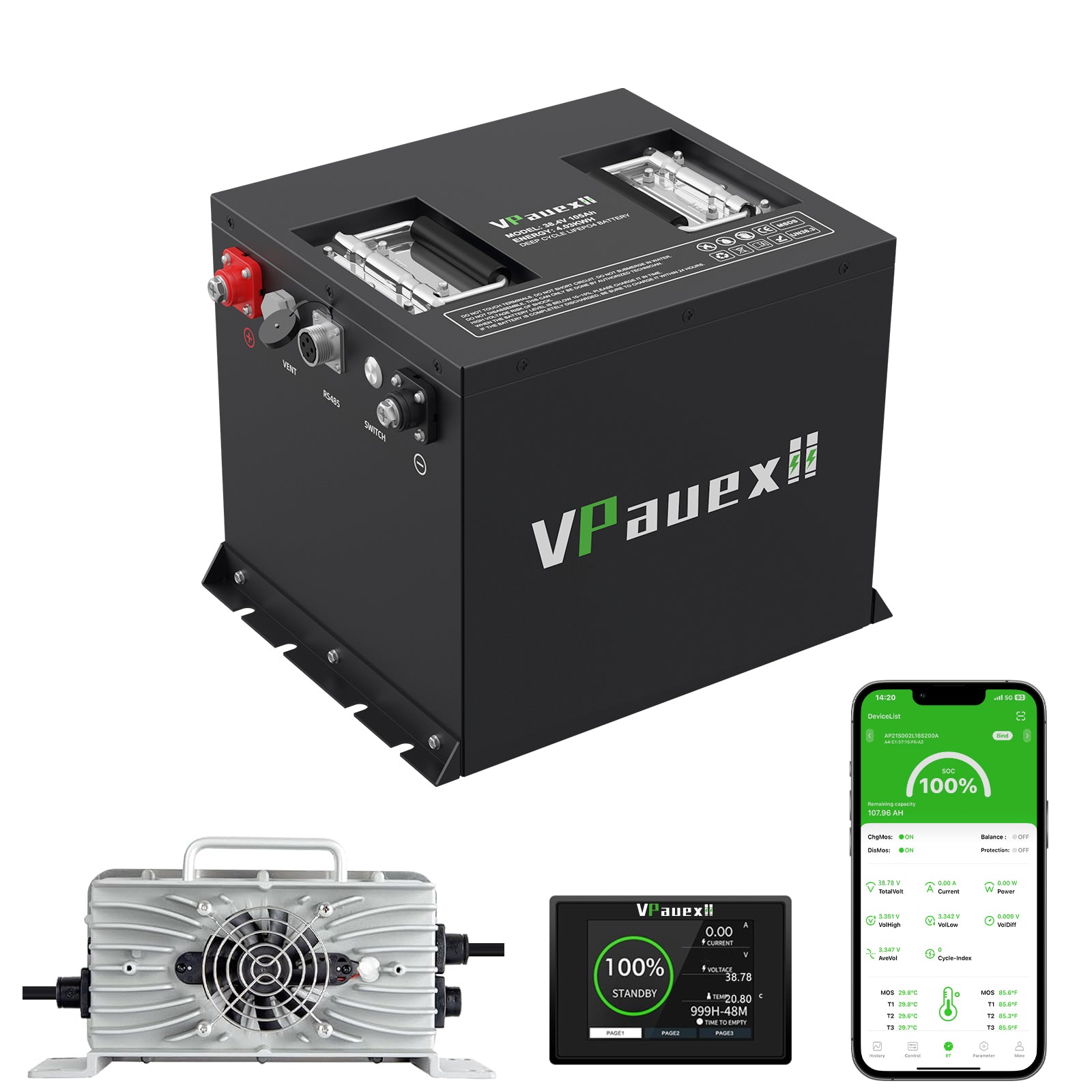 36V(38.4V) 105Ah Mini Lithium Golf Cart Battery,Golf Cart Batteries with 25A Lithium Charger,Built-in 200A BMS,Metal Casing,Supports Mobile APP,Touch Monitor,6000+ Cycles,Peak Current 600A