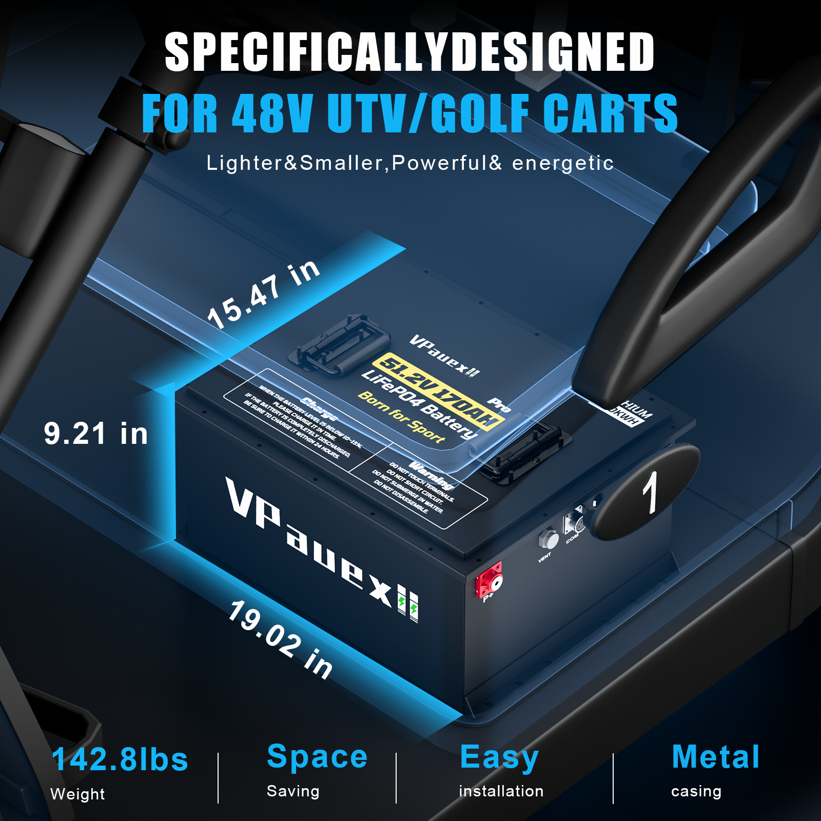 48V(51.2V) 170Ah LiFePO4 Battery, Built in 300A BMS, High Capacity Lithium Iron Phosphate Battery for Golf Carts, UTV, Off-Grid Solar
