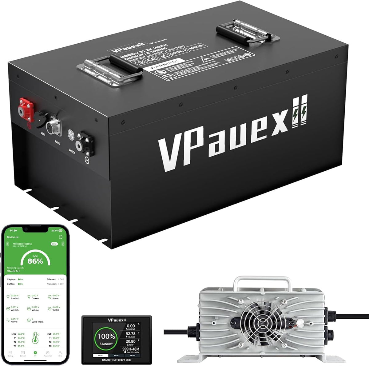 48V(51.2V) 160Ah Lithium Golf Cart Battery,48V Golf Cart Batteries with 22A Charger,Built-in 200A BMS,Metal Casing,Supports Mobile APP,Touch Monitor,6000+ Cycles,Peak Current 600A,Max 10.24kW Output Power