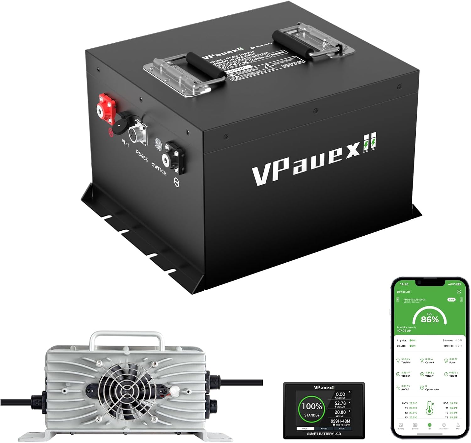 48V(51.2V) 105Ah Mini Lithium Golf Cart Battery,48V Golf Cart Batteries with 22A Lithium Charger,Built-in 200A BMS,Metal Casing,Supports Mobile APP,Touch Monitor,6000+ Cycles,Peak Current 600A