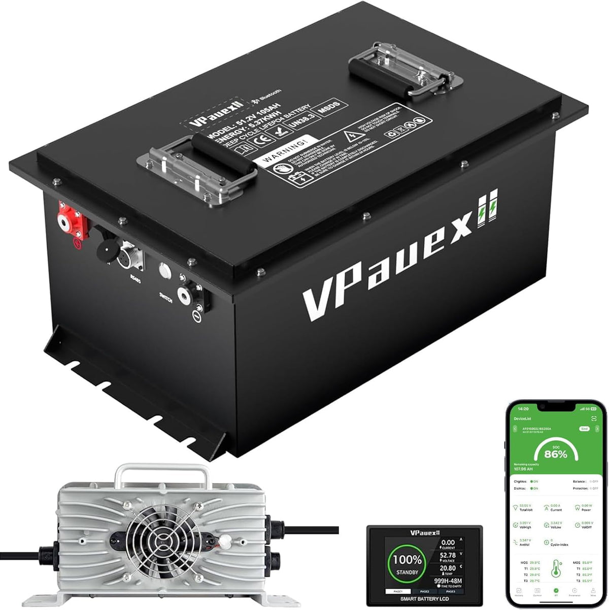 48V 105Ah Lithium Golf Cart Battery,48V Golf Cart Batteries with 22A Lithium Fast Charger,Built-in 200A BMS,Metal Casing,Supports Mobile APP,Touch Monitor,6000+ Cycles,Peak Current 600A