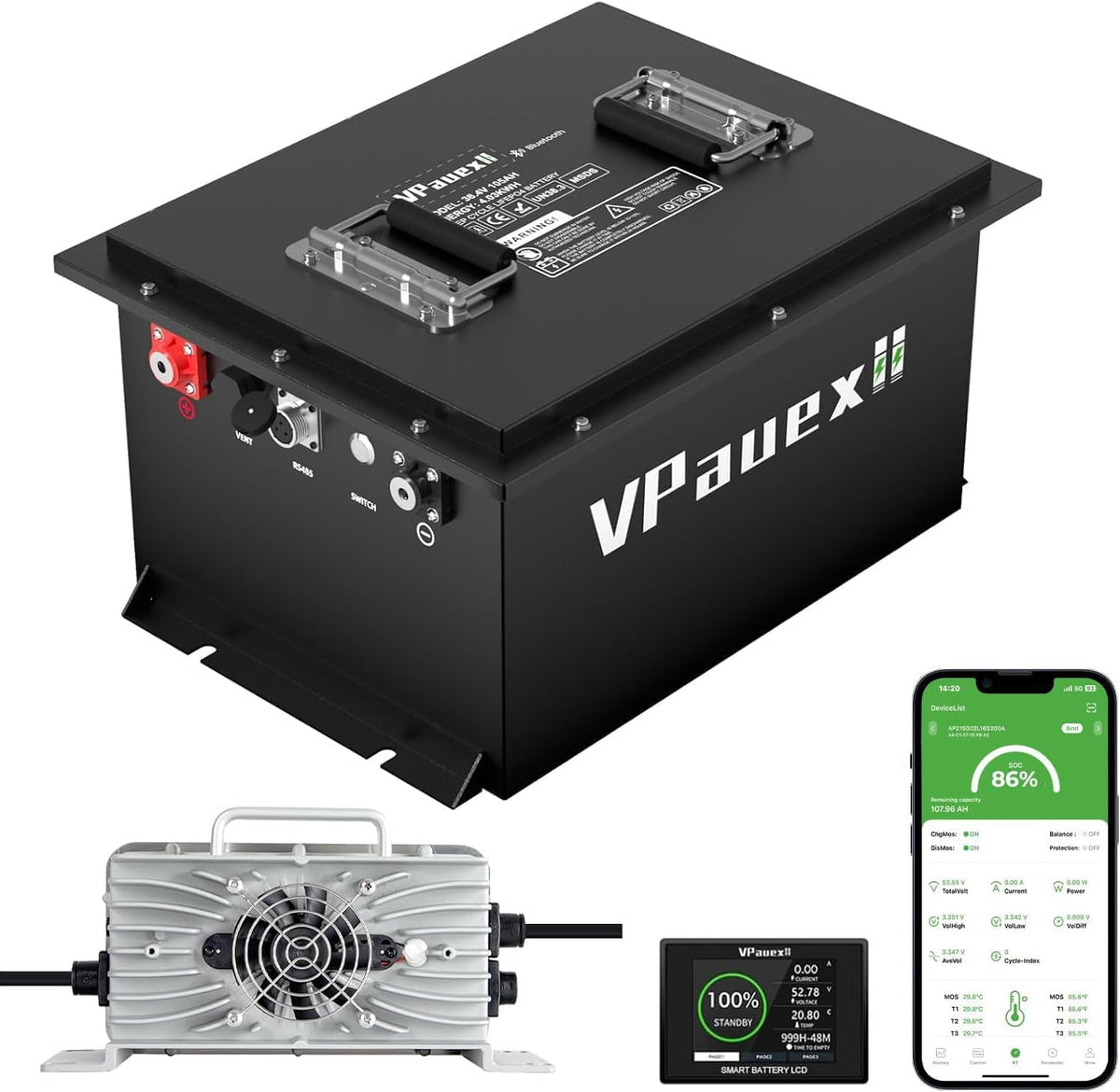 36V(38.4V) Lithium Golf Cart Battery,36V 105Ah Golf Cart Batteries with 25A Charger,Built-in 200A BMS,Metal Casing,Supports Mobile APP,Touch Monitor,6000+ Cycles,Peak Current 600A,Max 7.68kW Output Power