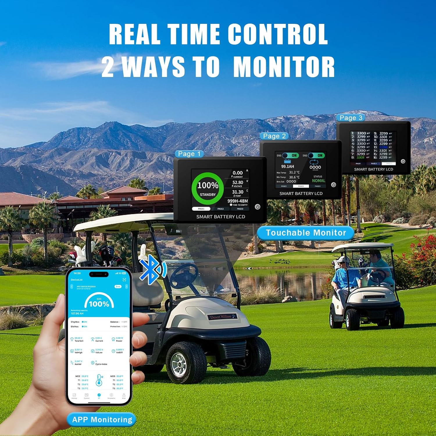 48V(51.2V) Lithium Battery Golf Cart,48V(51.2V) 72Ah Golf Cart Batteries with 18A Charger,Built-in 200A BMS,Metal Casing,Supports Bluetooth Mobile APP,Touch Monitor,6000+ Cycles,Peak Current 600A,Max 10.24kW