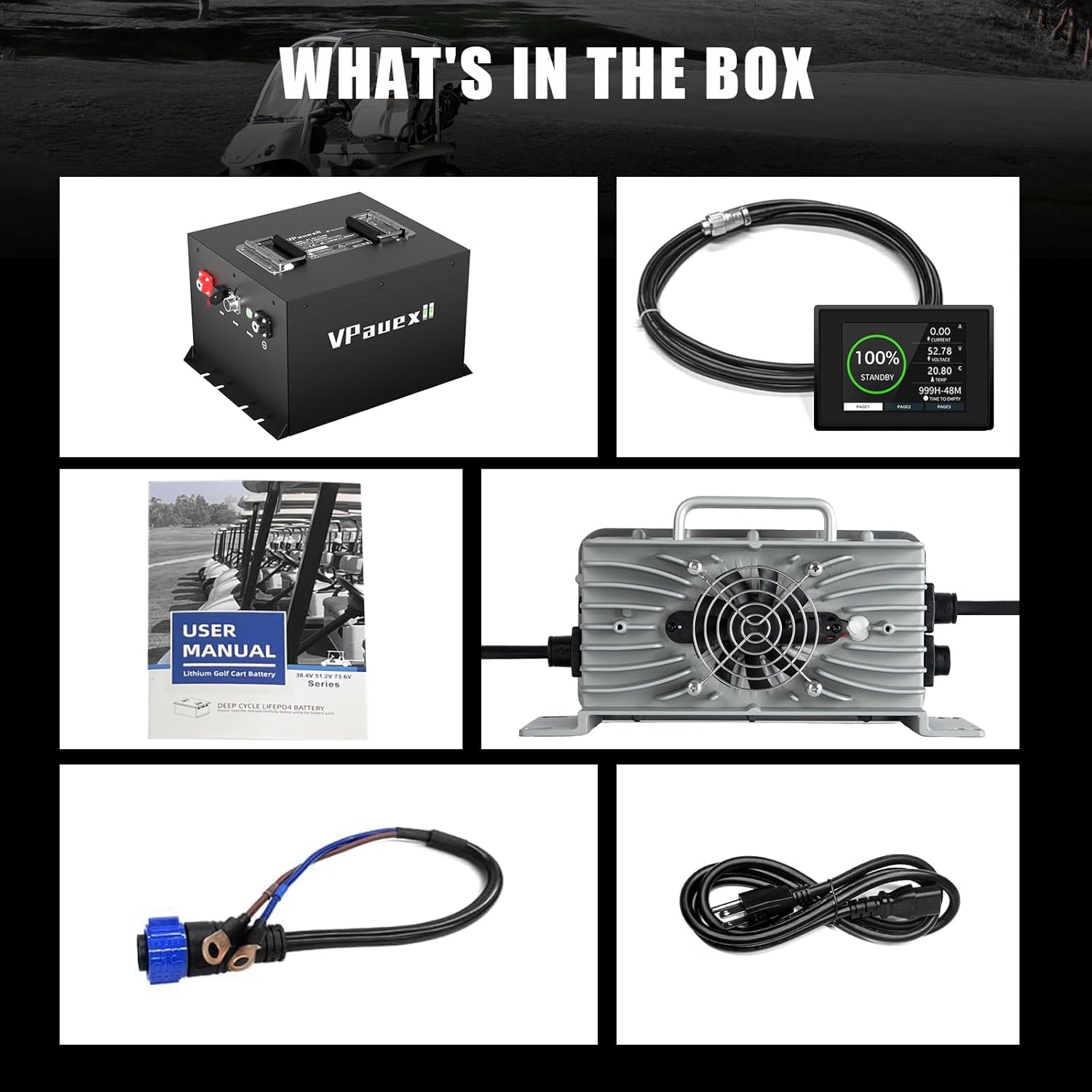 48V(51.2V) Lithium Battery Golf Cart,48V(51.2V) 72Ah Golf Cart Batteries with 18A Charger,Built-in 200A BMS,Metal Casing,Supports Bluetooth Mobile APP,Touch Monitor,6000+ Cycles,Peak Current 600A,Max 10.24kW