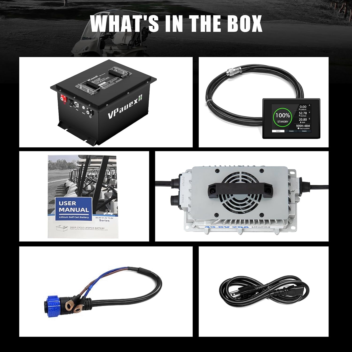 36V(38.4V) Lithium Golf Cart Battery,36V 105Ah Golf Cart Batteries with 25A Charger,Built-in 200A BMS,Metal Casing,Supports Mobile APP,Touch Monitor,6000+ Cycles,Peak Current 600A,Max 7.68kW Output Power